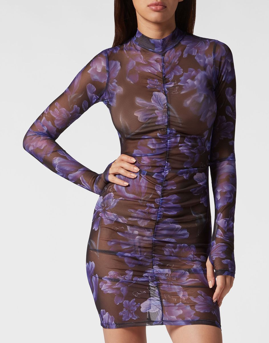 Gerüschtes Mesh-Minikleid mit Blumenmuster