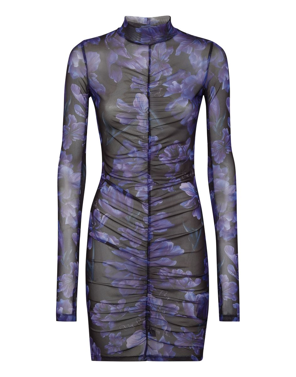 Gerüschtes Mesh-Minikleid mit Blumenmuster