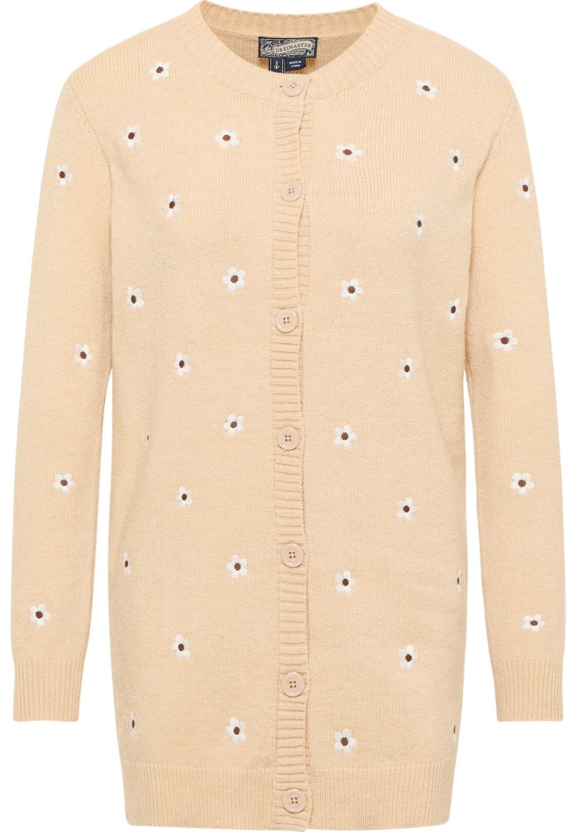 Lang geschnittene Strickjacke mit Blumenstickerei