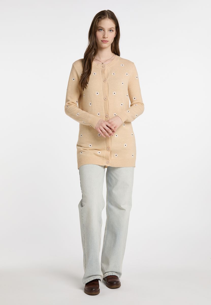 Lang geschnittene Strickjacke mit Blumenstickerei