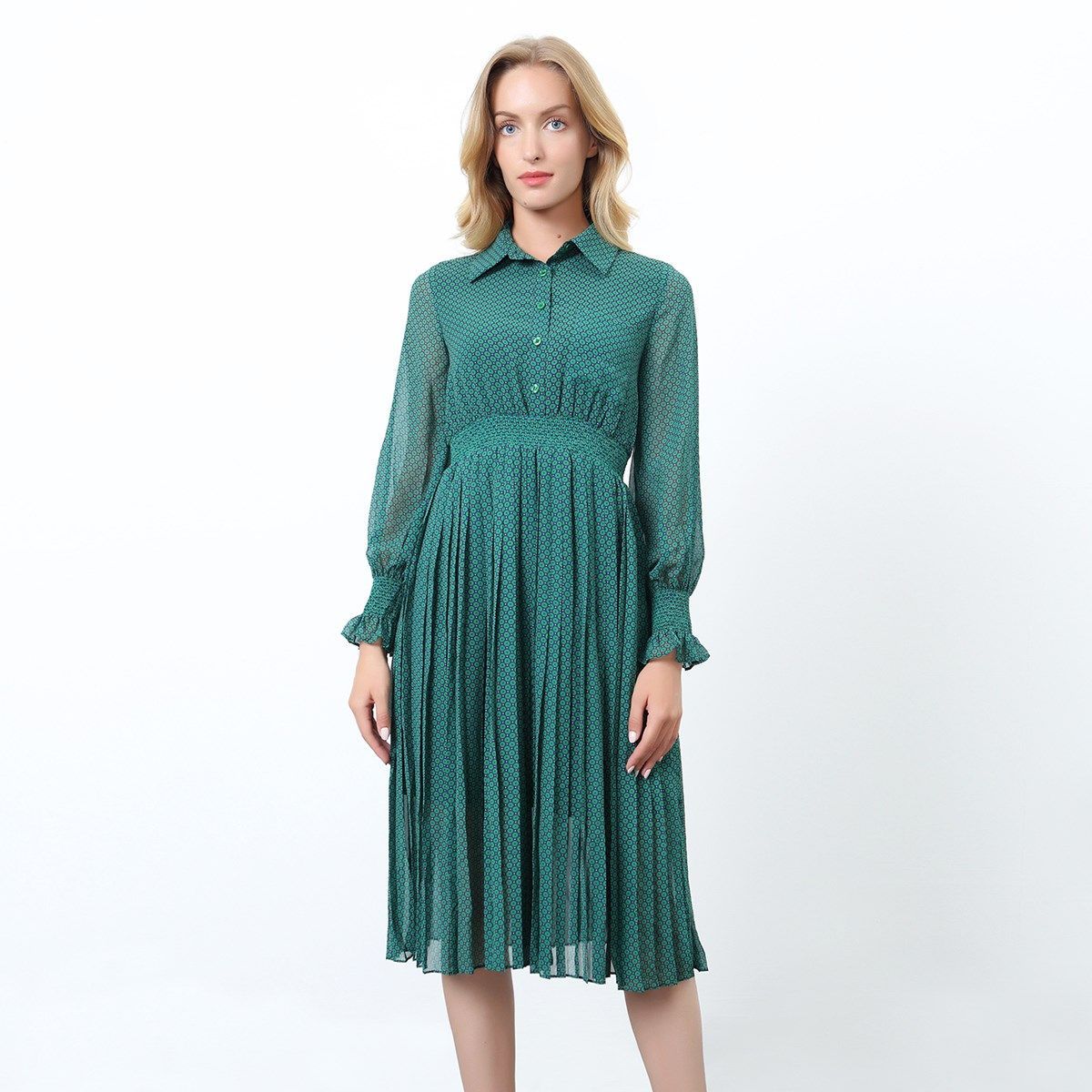 Bedrucktes Plissee-Midi-Hemdkleid