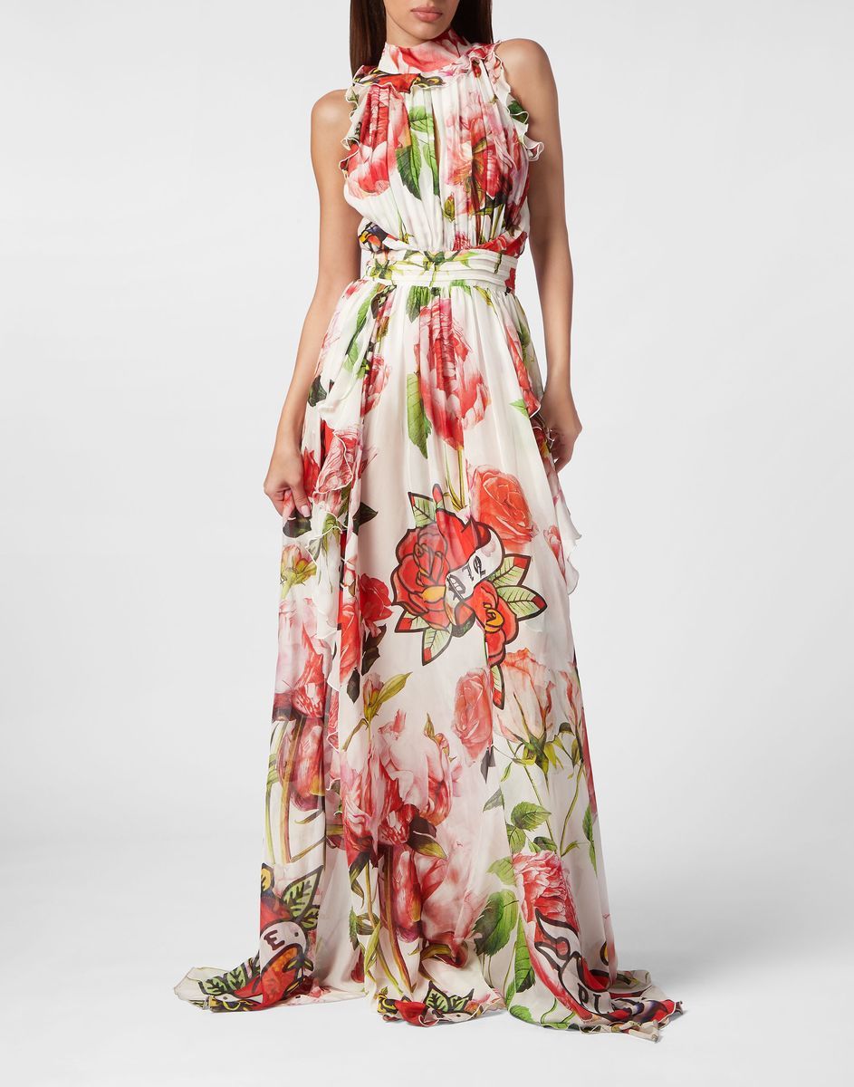 Seiden-Abendkleid mit Tattoo-Blumenprint
