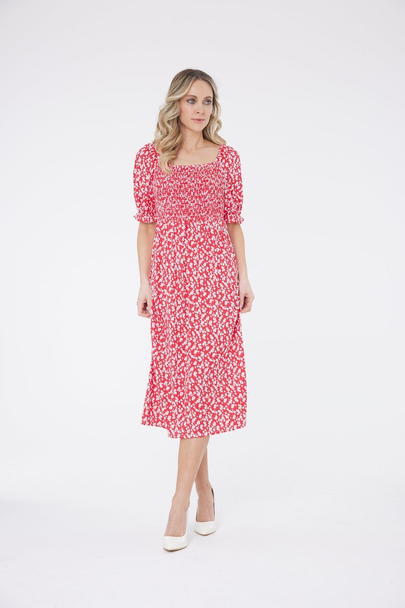 Midikleid mit Blümchenmuster und Smok-Oberteil