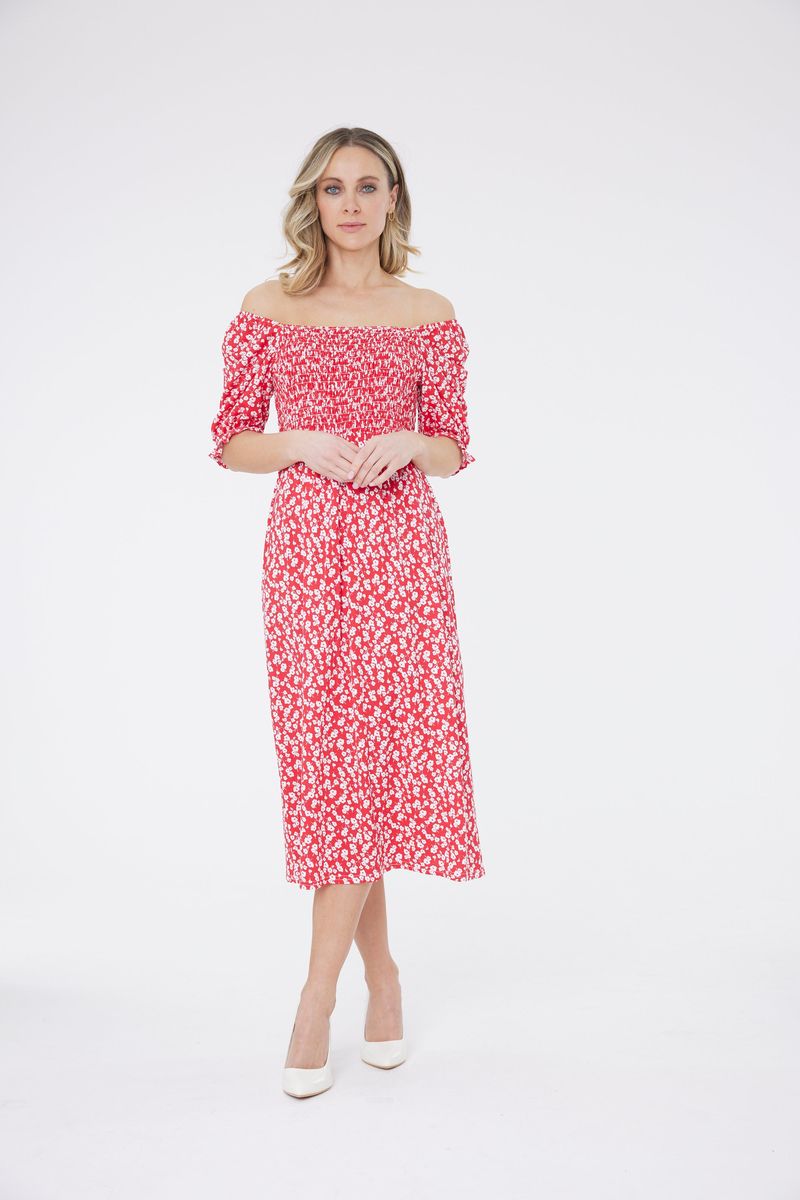 Midikleid mit Blümchenmuster und Smok-Oberteil