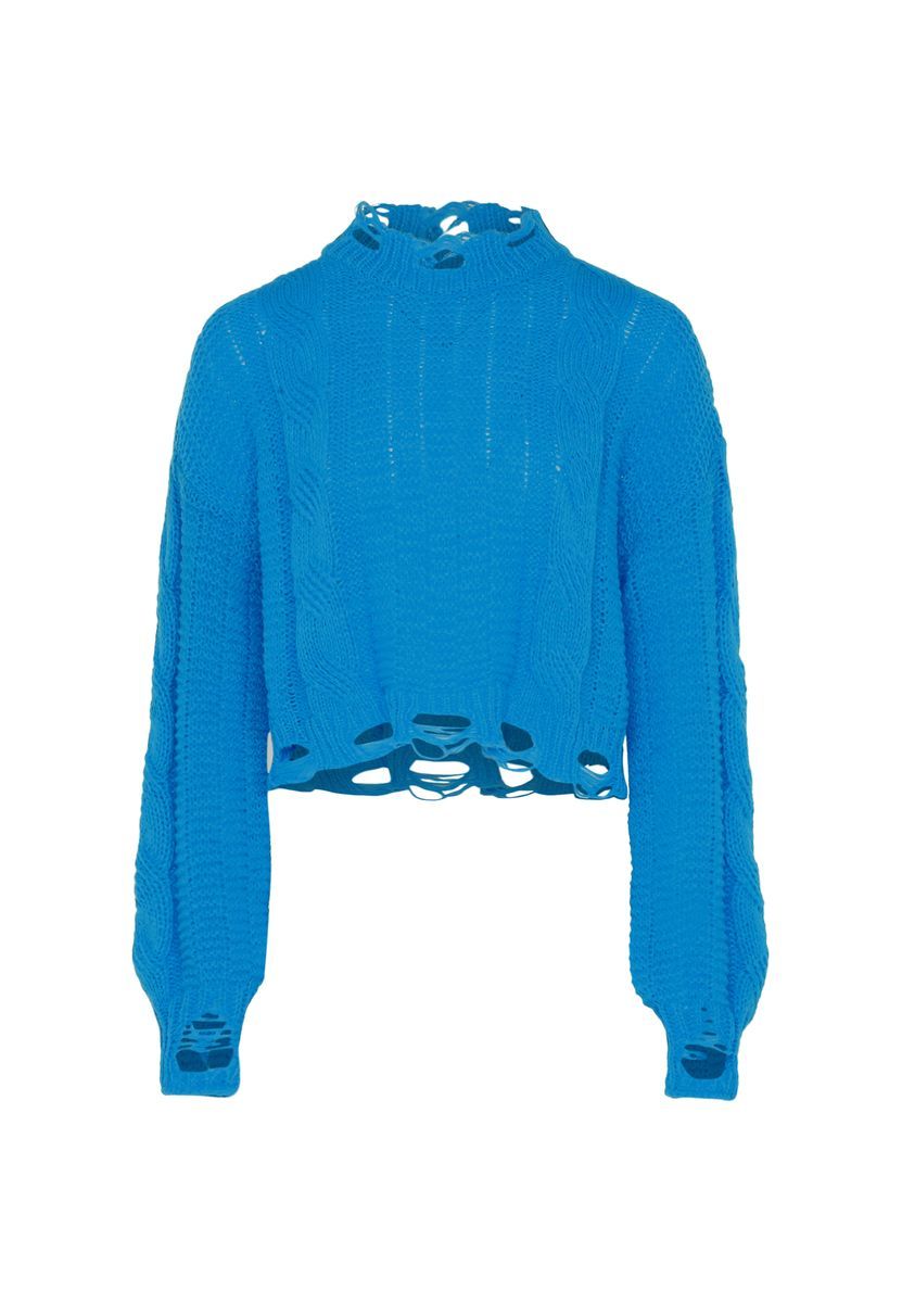 Cropped-Zopfstrickpullover im Destroyed-Look