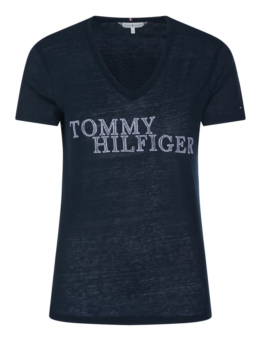 Logo-T-Shirt mit V-Ausschnitt aus Leinenmix