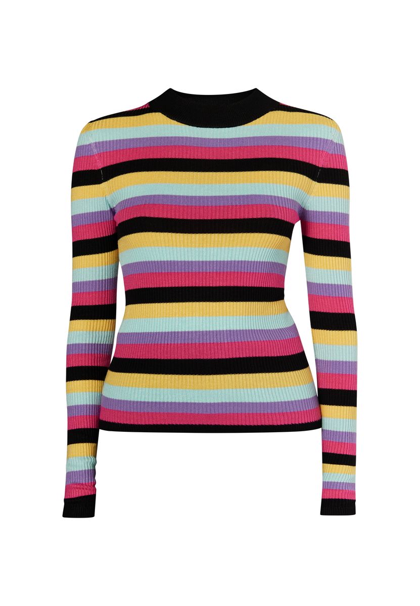 Gestreifter Rippstrick-Pullover mit Stehkragen