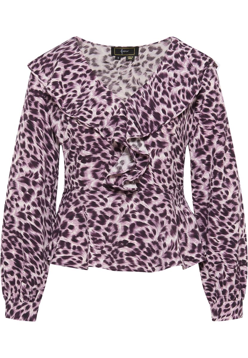 Schößchenbluse mit Leopardenmuster und Rüschen