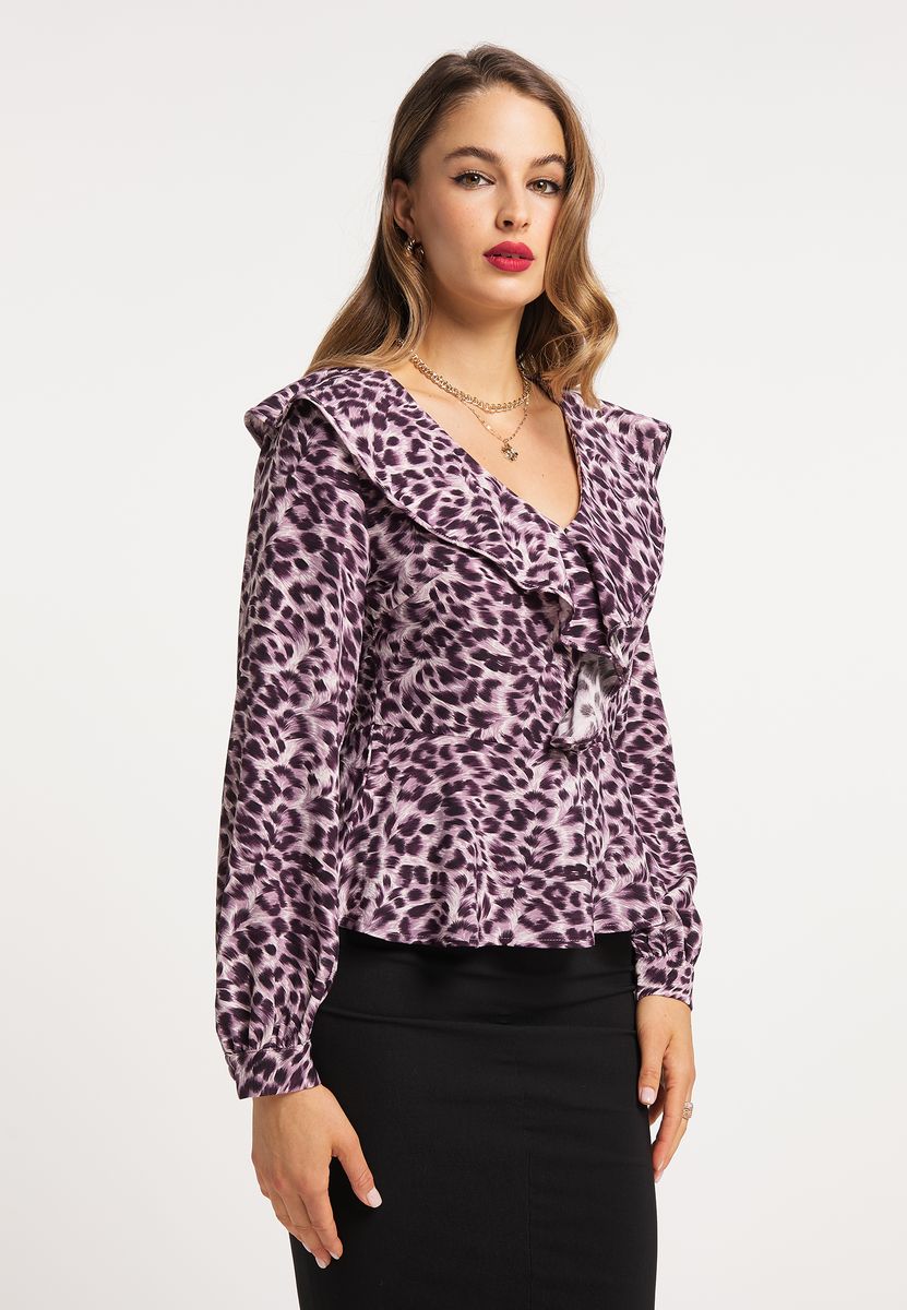Schößchenbluse mit Leopardenmuster und Rüschen