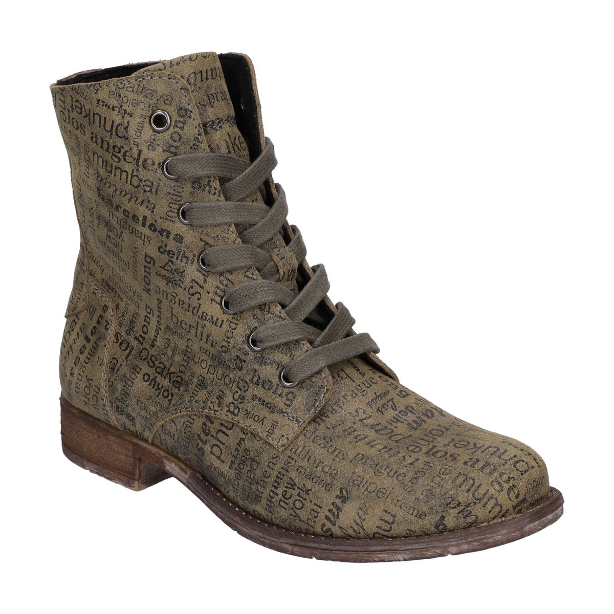 Stiefeletten mit Städte-Print und Schnürung