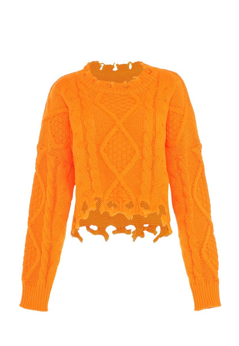 Distressed Zopfmuster-Cropped-Strickpullover