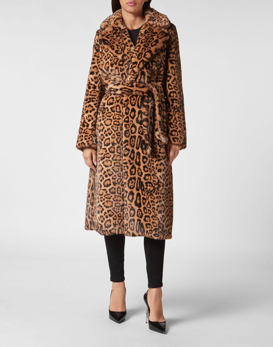Leopard-Faux-Fur-Mantel mit Gürtel