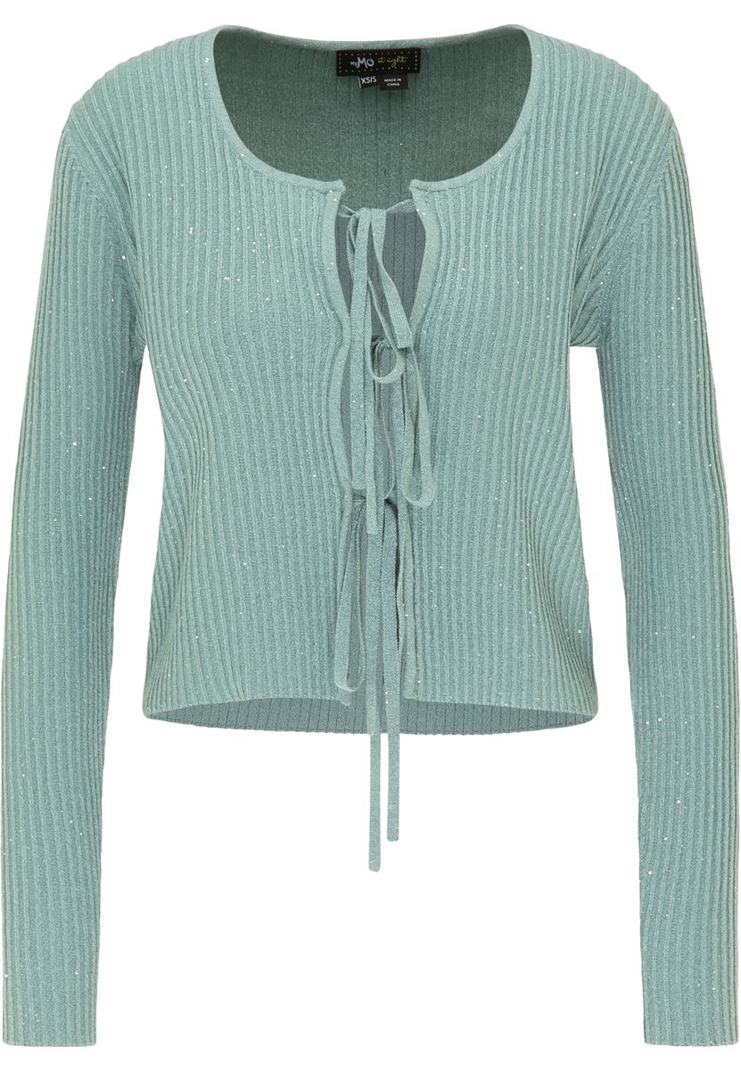 Rippstrick-Cardigan mit Pailletten und Bindebändern