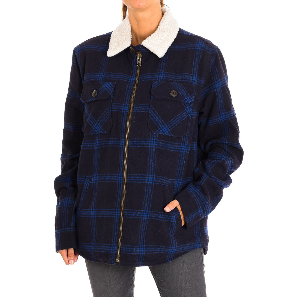Wattierte Karojacke mit Teddyfell-Kragen