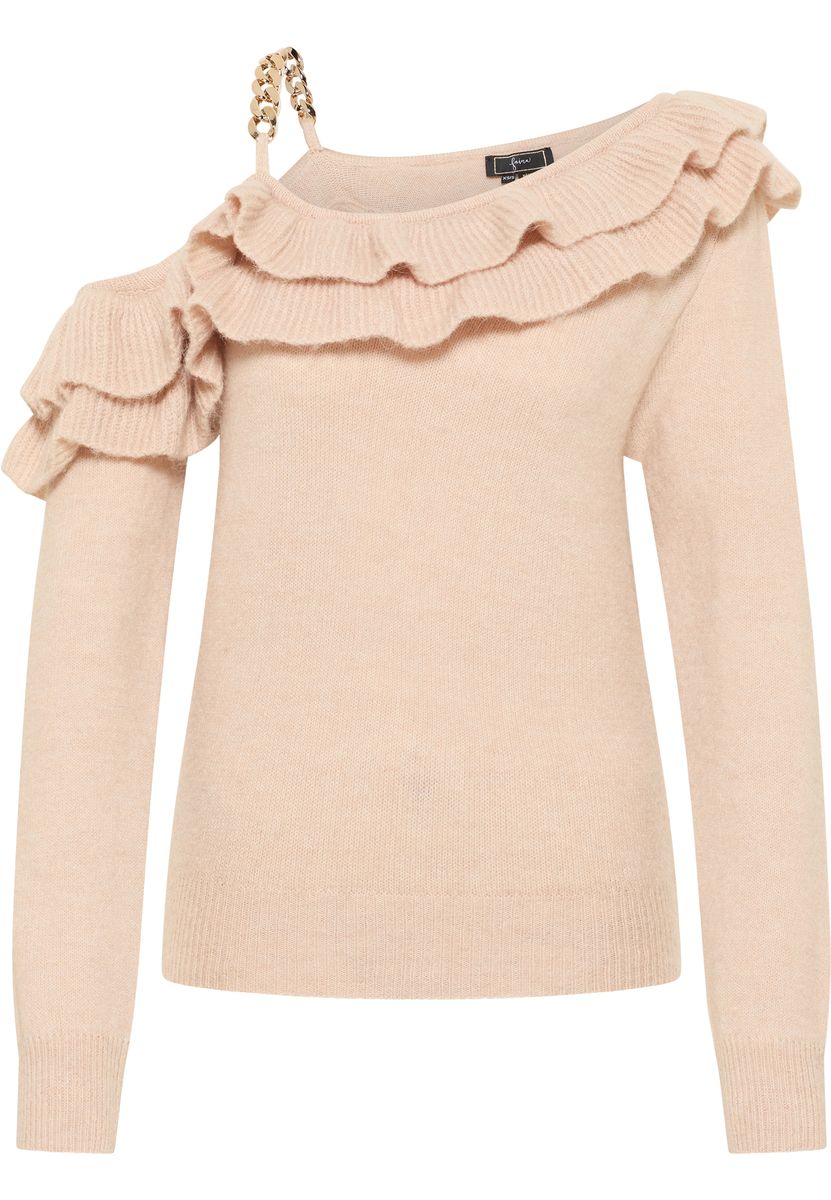 One-Shoulder-Strickpullover mit Volants und Kette