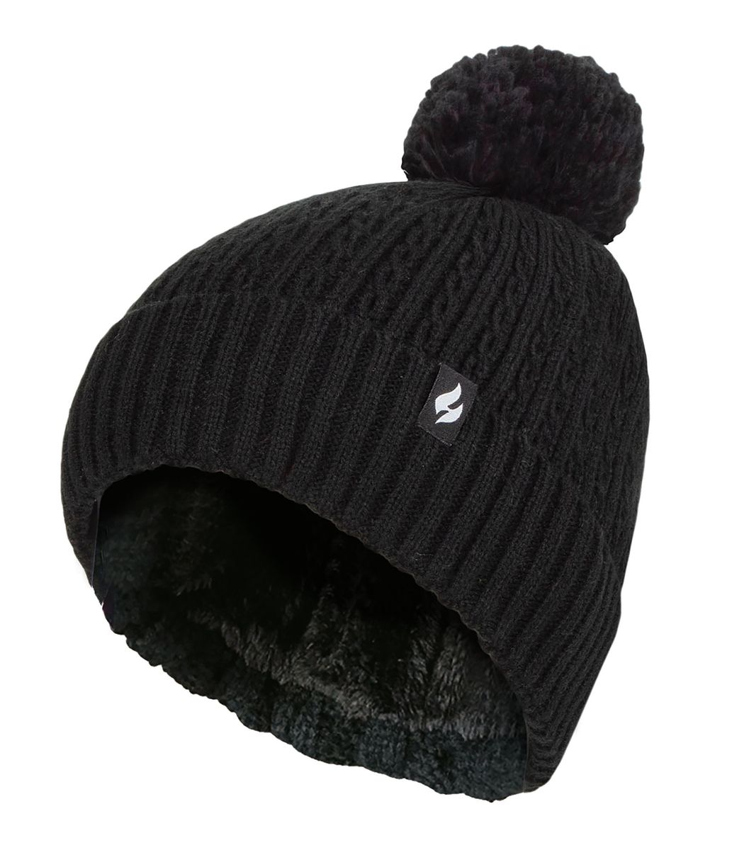 Thermostrickmütze mit Zopfmuster und Bommel