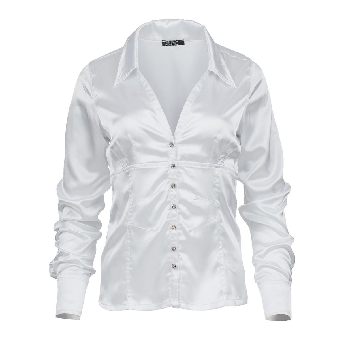 Taillierte Satin-Bluse mit Strassknöpfen