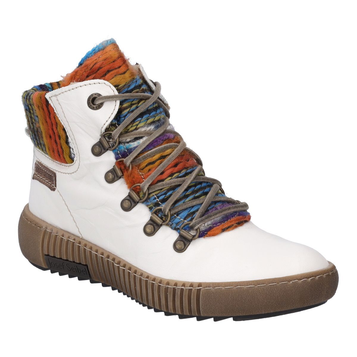 Lederstiefelette mit bunten Strickakzenten