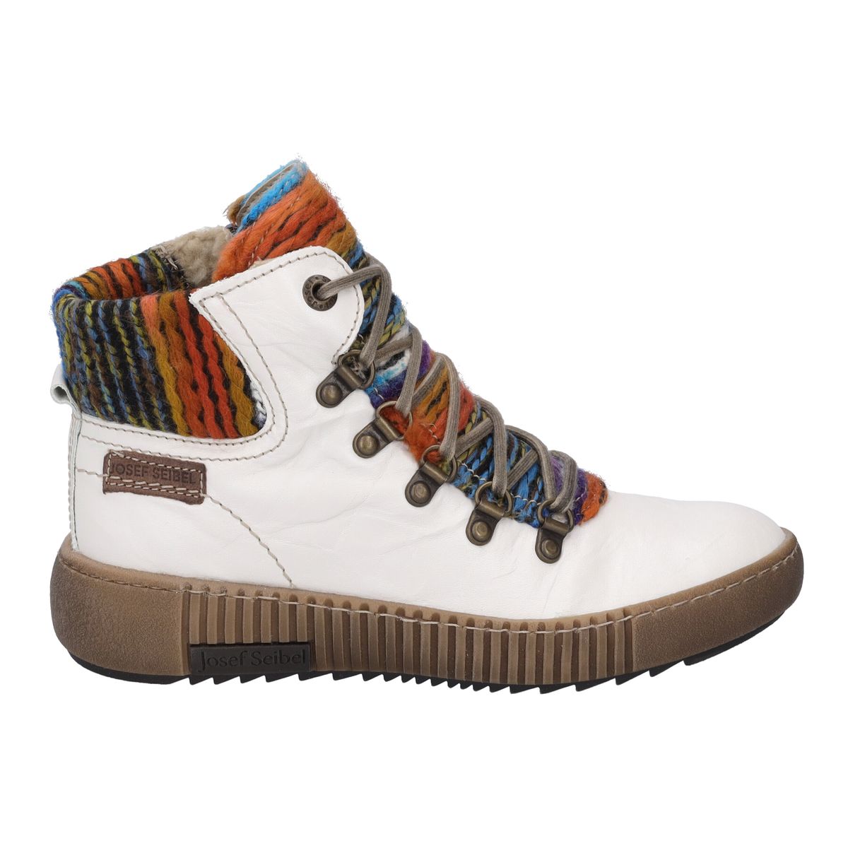 Lederstiefelette mit bunten Strickakzenten