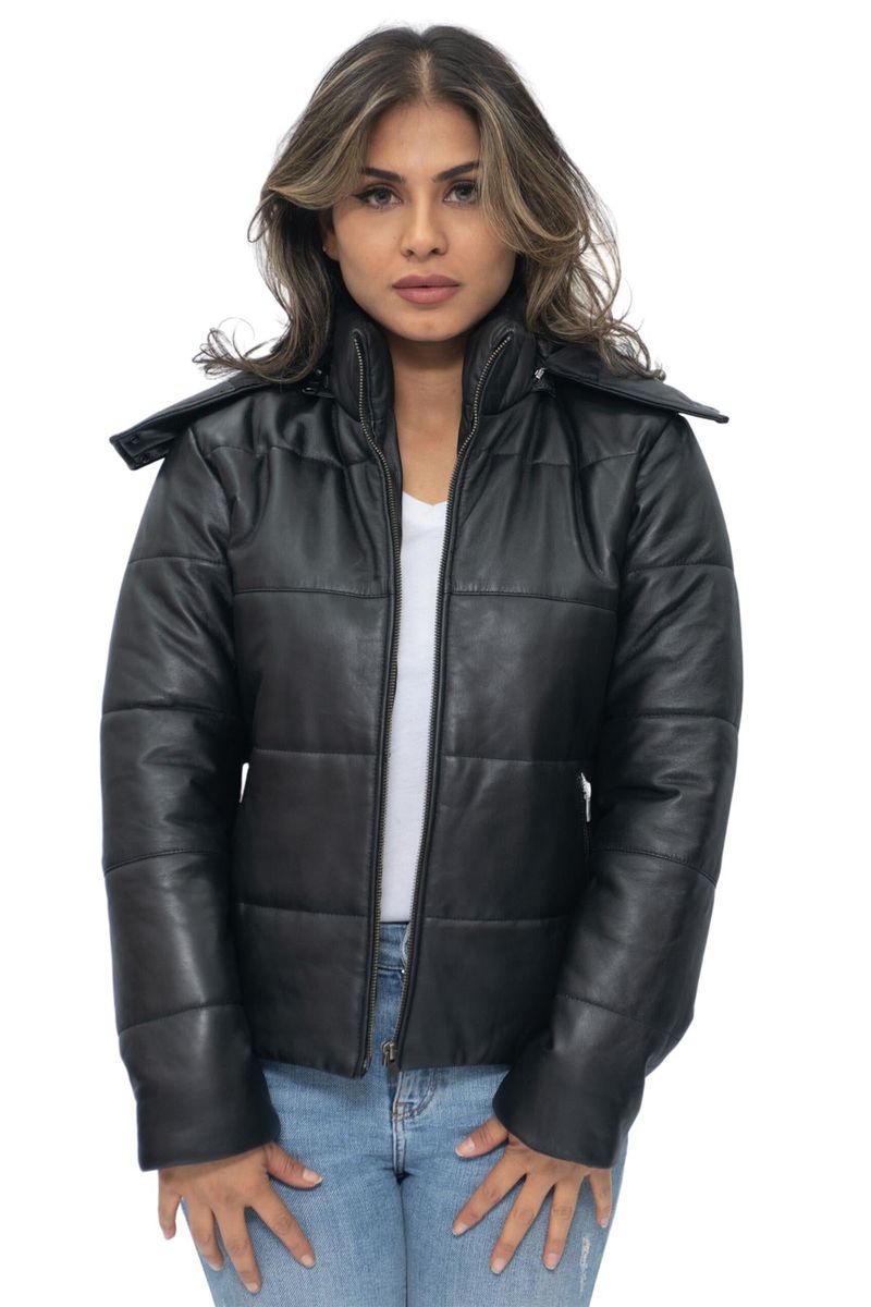 Gesteppte Leder-Pufferjacke mit Kapuze