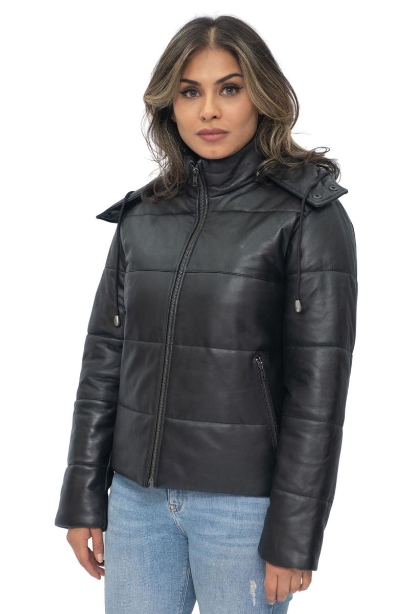 Gesteppte Leder-Pufferjacke mit Kapuze