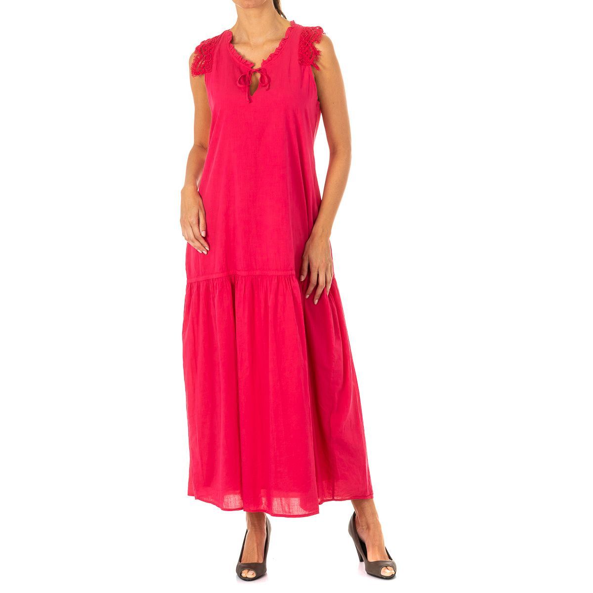 Gestuftes Maxi-Baumwollkleid mit Spitze