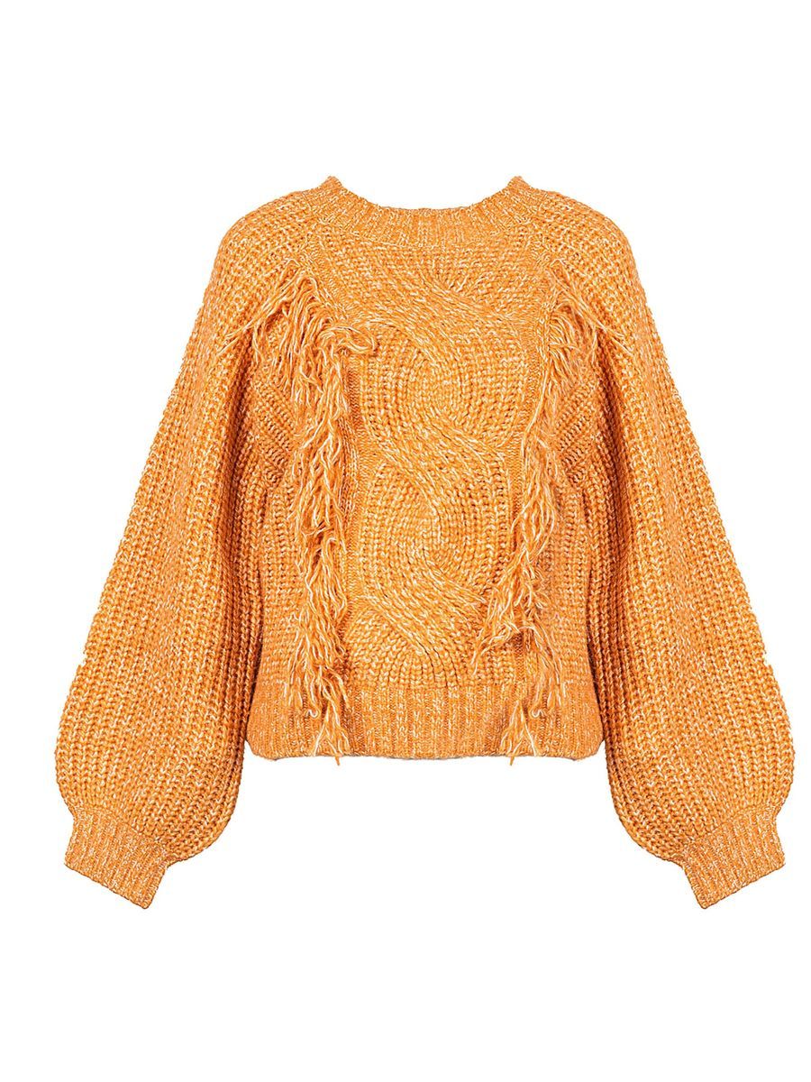 Strickpullover mit Zopfmuster und Fransen