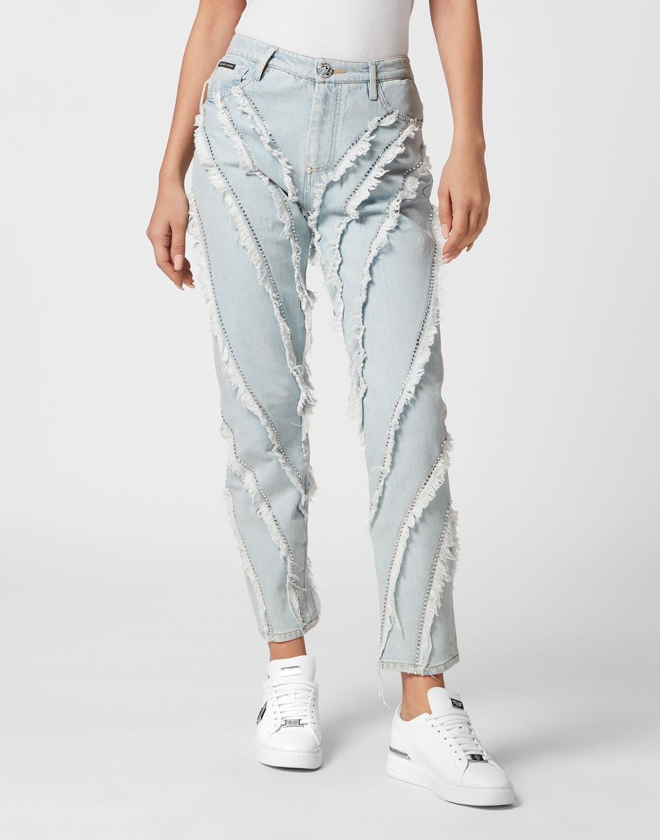 Mom-Jeans mit Fransen-Patchwork und Strass