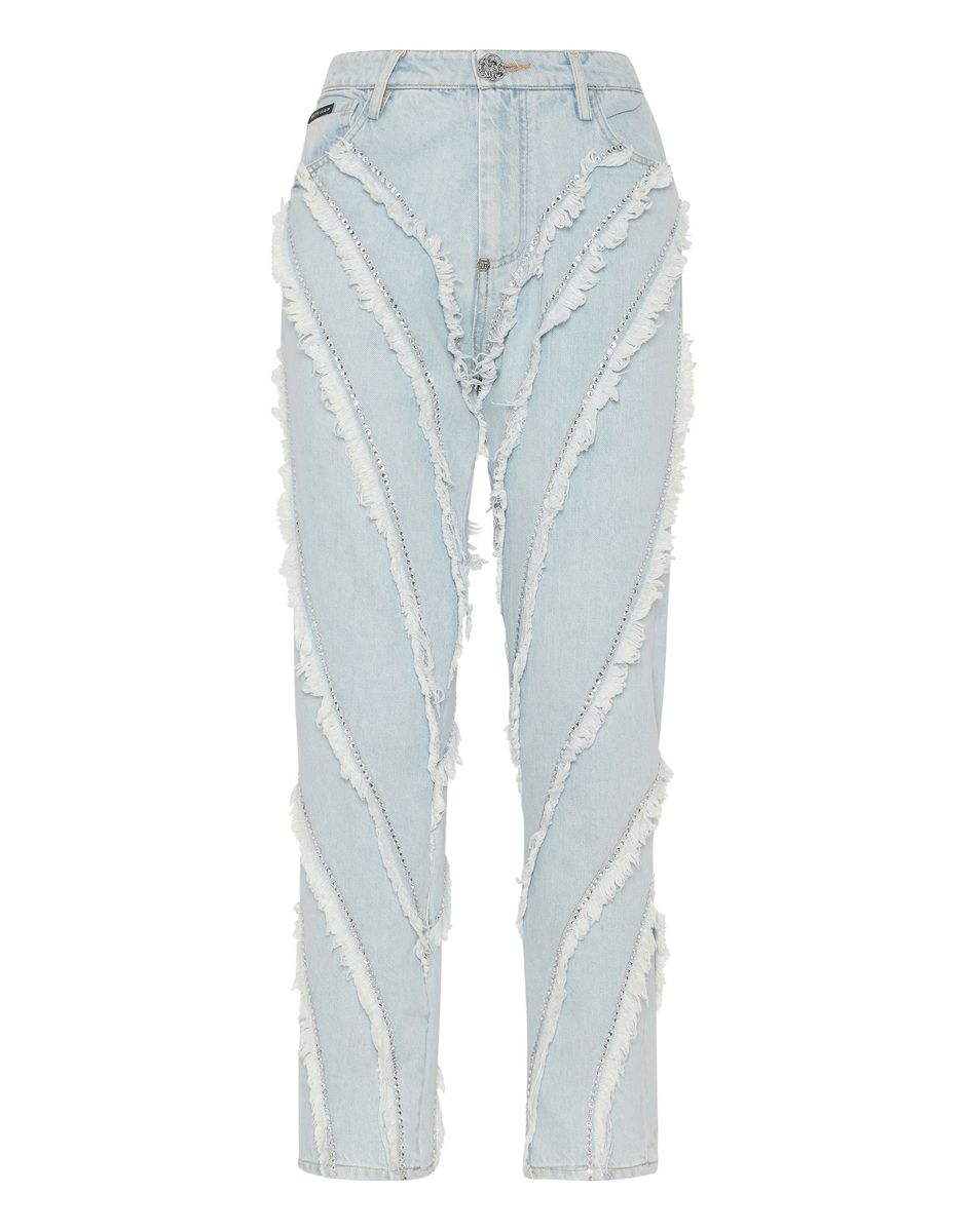 Mom-Jeans mit Fransen-Patchwork und Strass