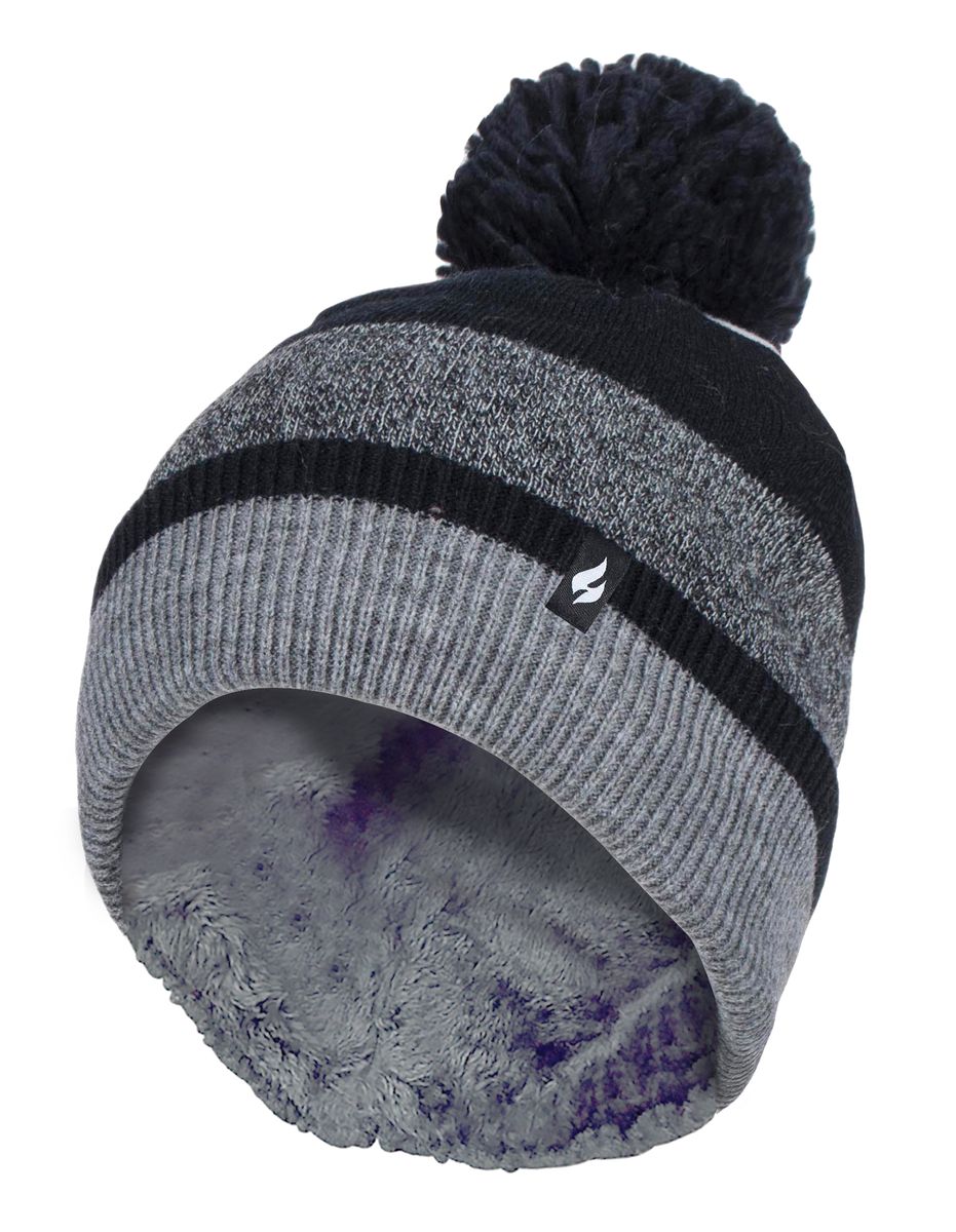 Fleece-gefütterte gestreifte Bommel-Beanie