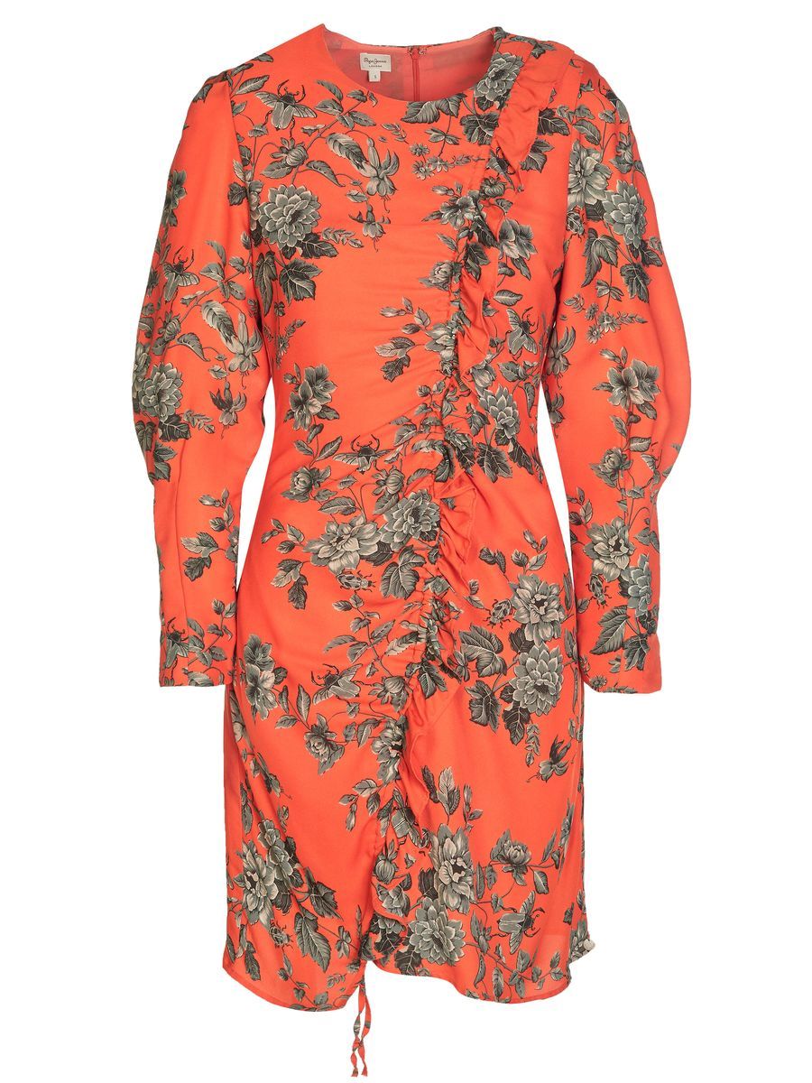Gerafftes Blumen-Midi mit Puffärmeln