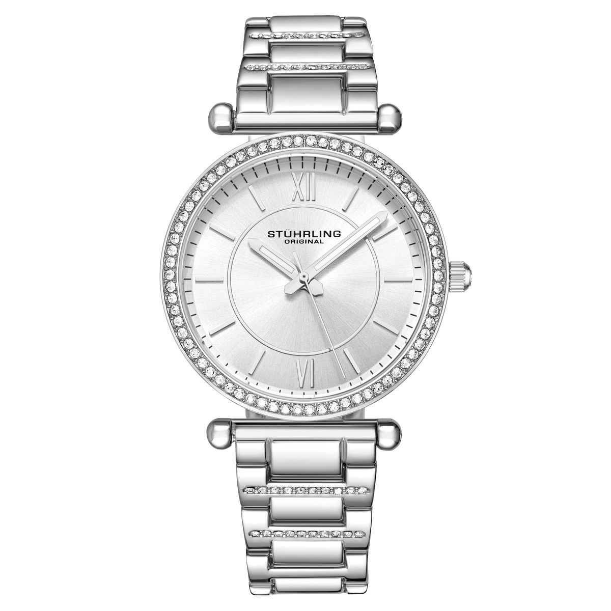 Kristallbesetzte silberne Armbanduhr
