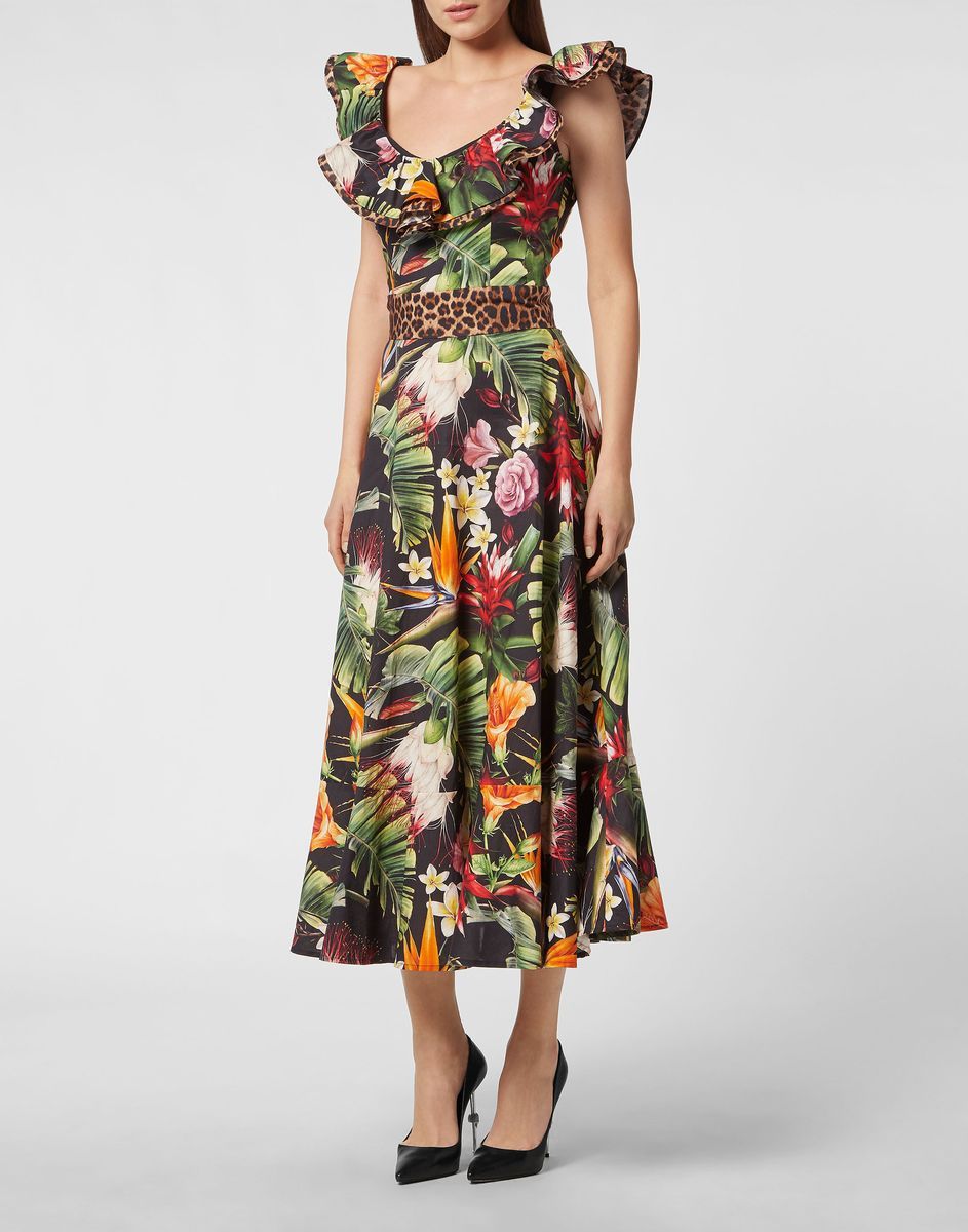 Tropisches Blumen-Midikleid mit Rüschen
