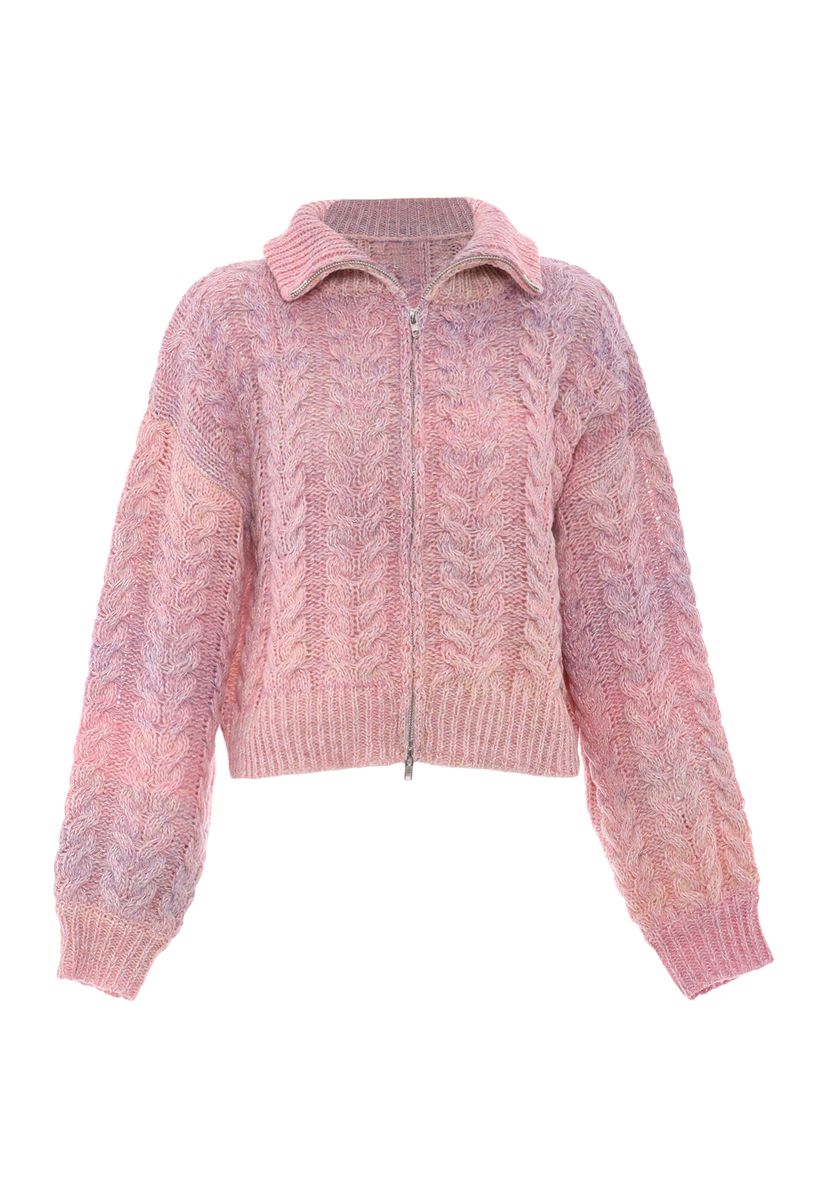 Grob gestrickte Zopfstrickjacke mit Reißverschluss