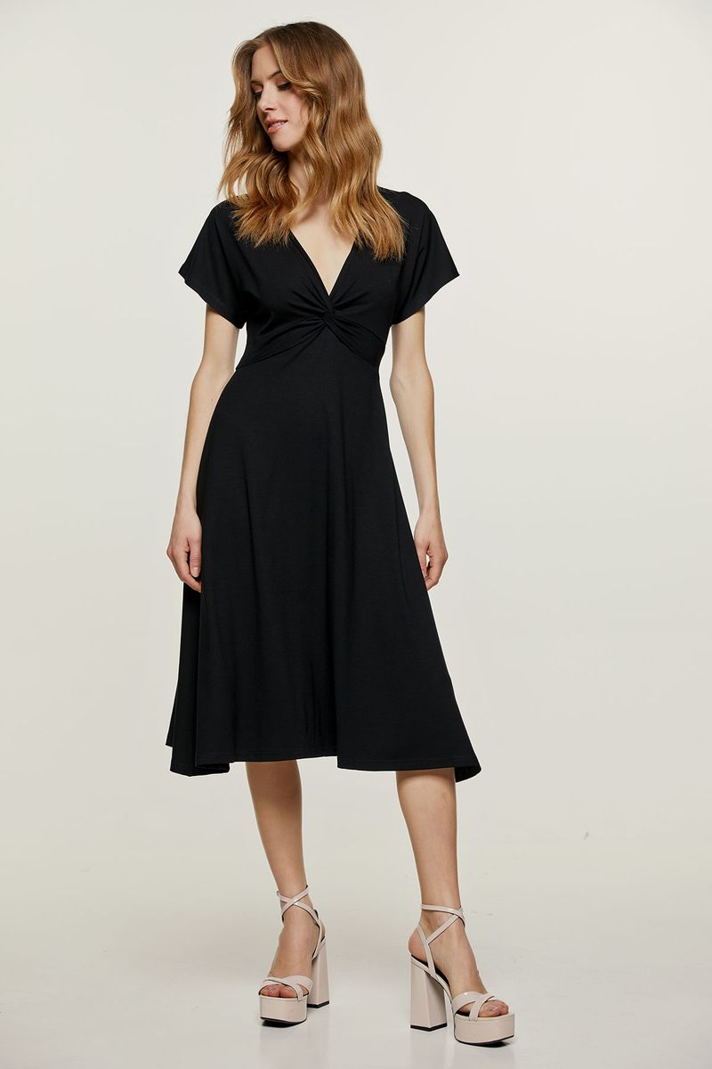 V-Ausschnitt Midikleid mit Knotendetail