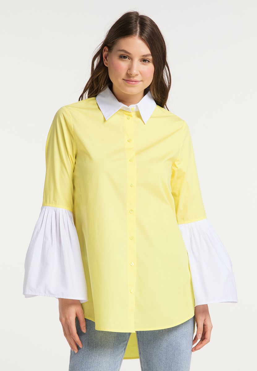 Bluse mit Kontrastkragen und Trompetenärmeln