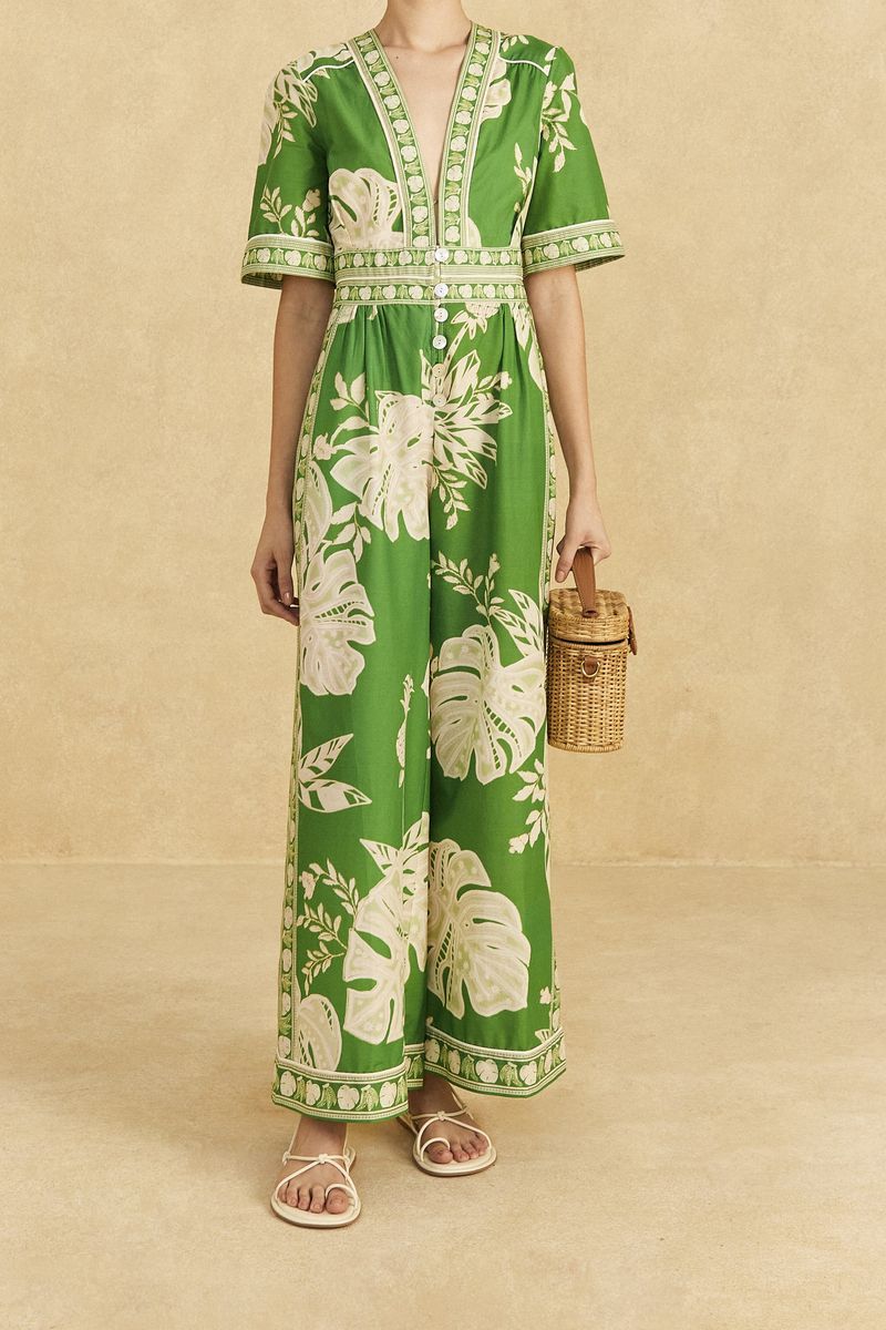 Palazzo-Jumpsuit mit tropischem Monstera-Print