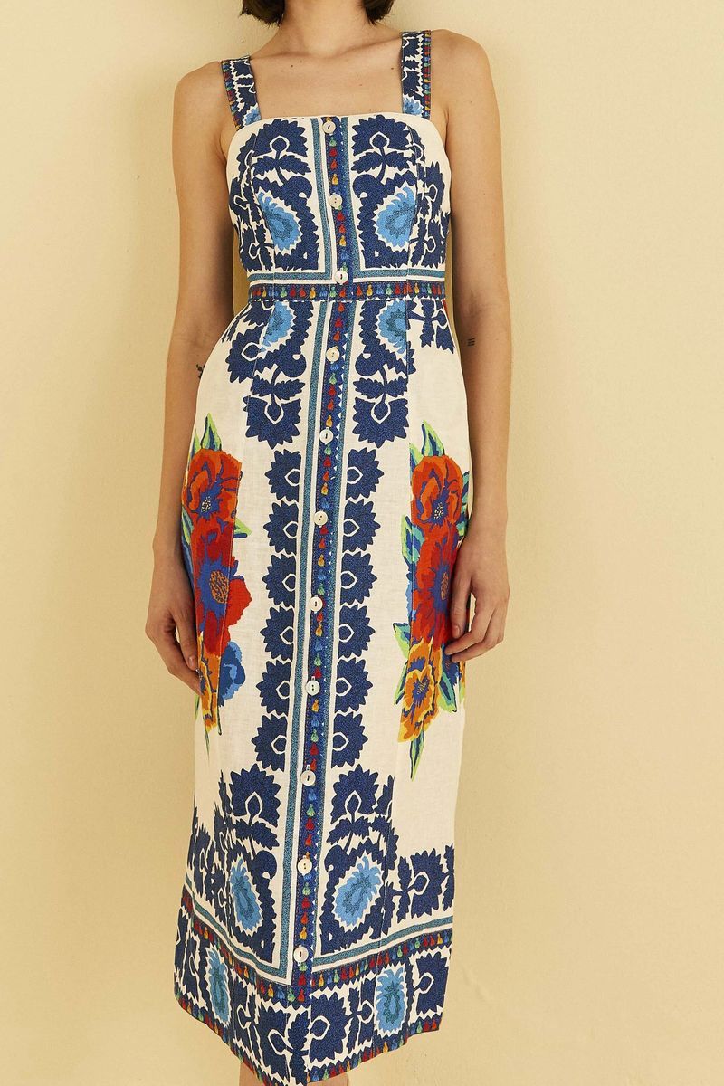 Leinen-Midikleid mit Blumenmuster