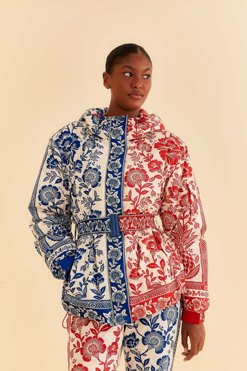 Gürtel-Skijacke mit floralem Split-Muster