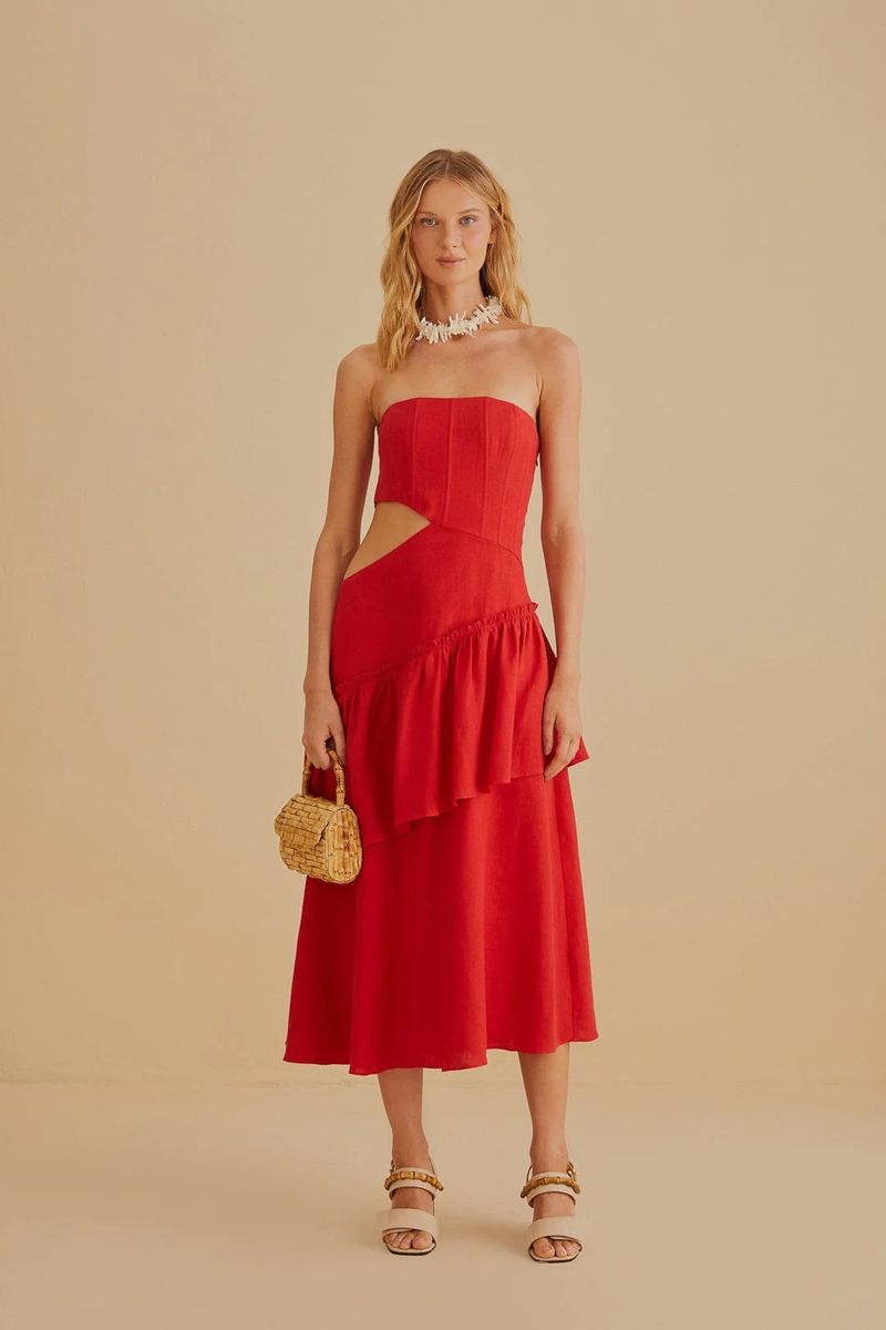 Trägerloses Leinen-Midikleid mit Cut-out