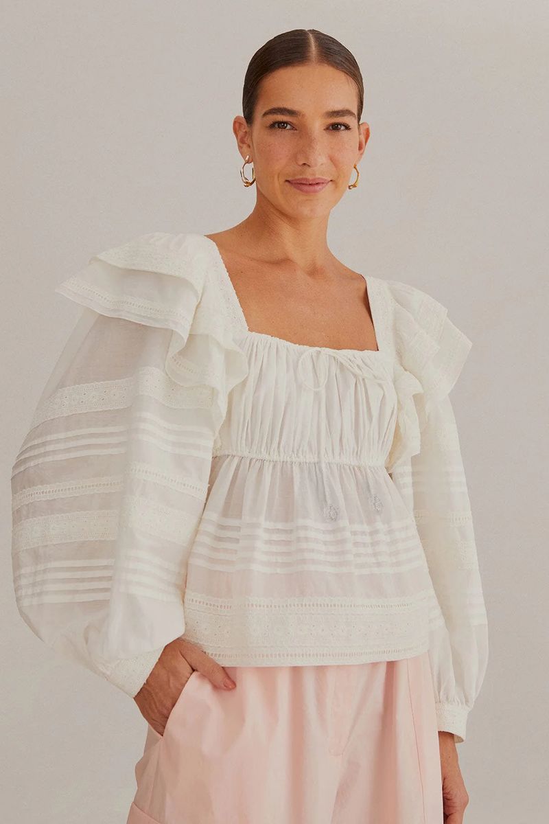 Baumwollbluse mit Rüschen und Karree-Ausschnitt