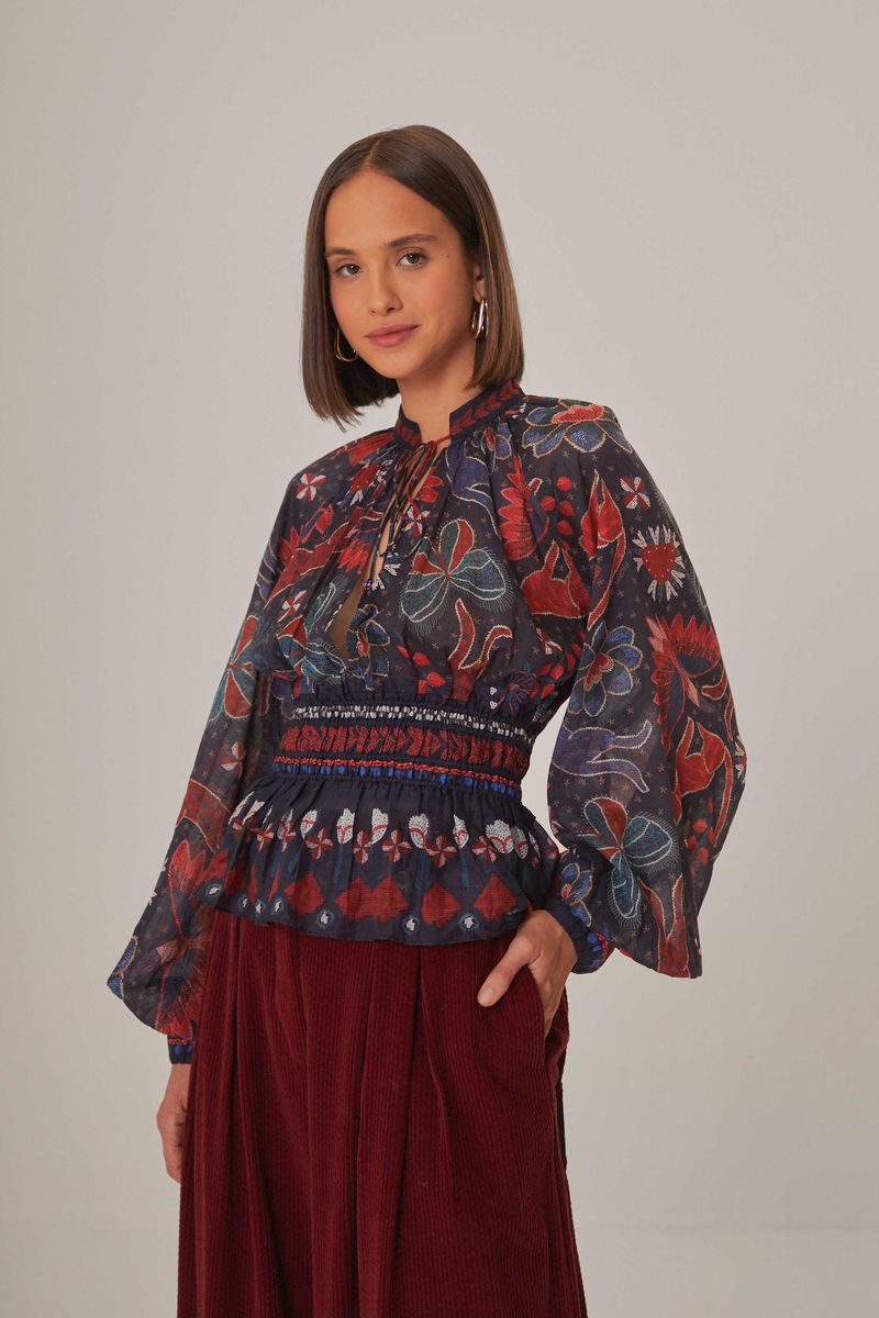 Peplum-Bluse mit tropischem Print