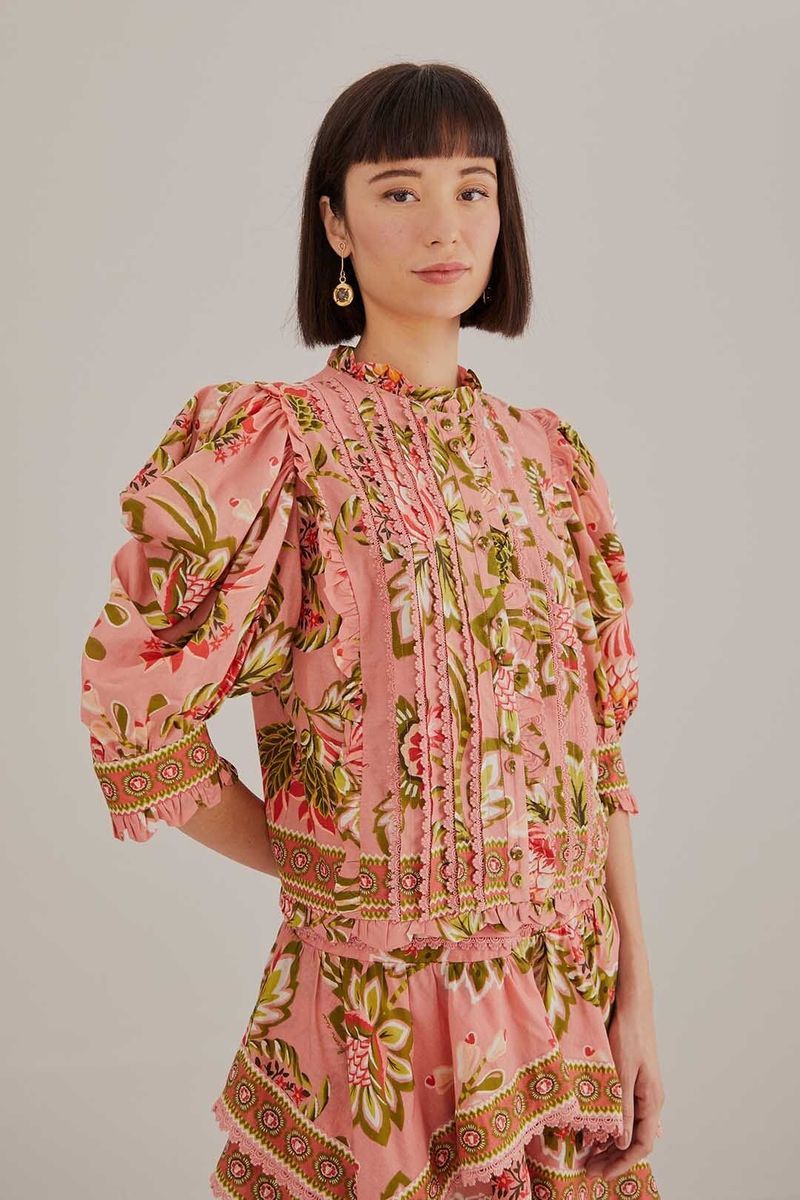 Geblümte Bluse mit Puffärmeln und Rüschen