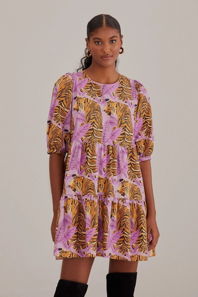 Kurzes Puffer-Ärmel Kleid mit Tigerprint