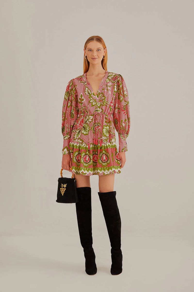 Mini-Blumenkleid mit V-Ausschnitt und Quasten