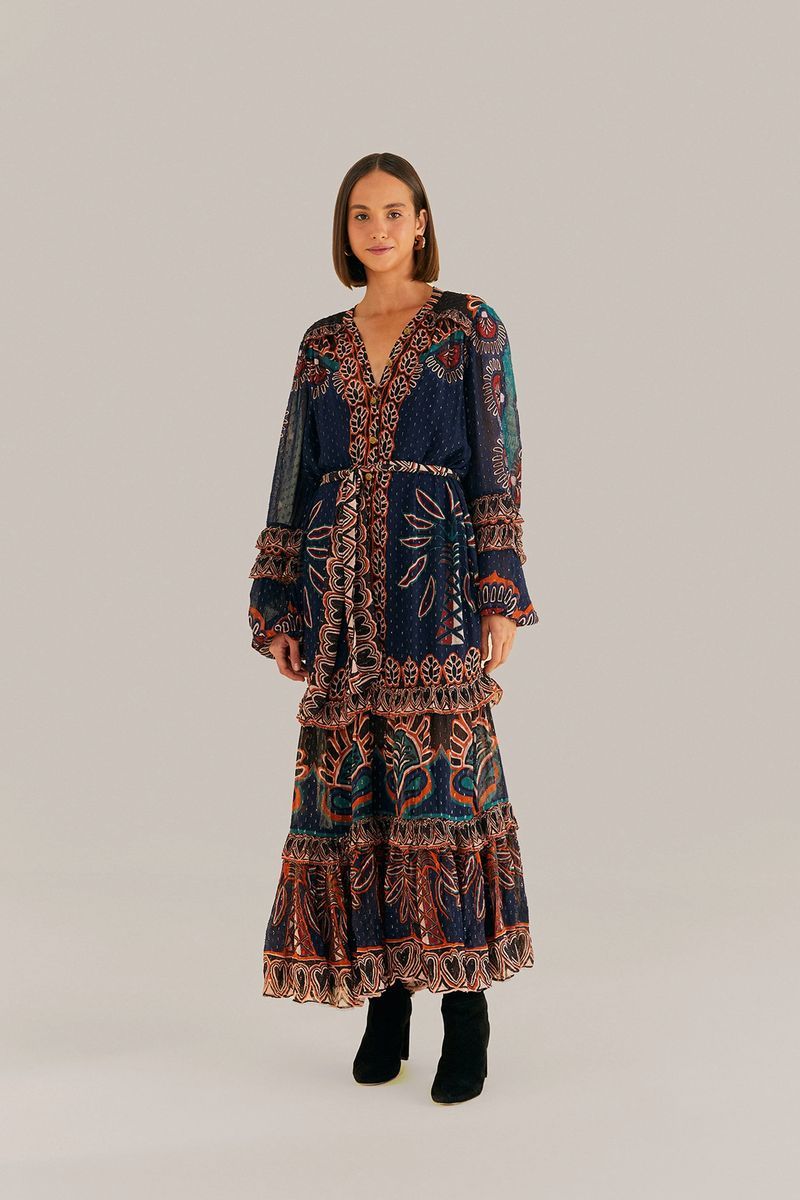 Maxikleid mit Tapisserie-Print und Rüschen