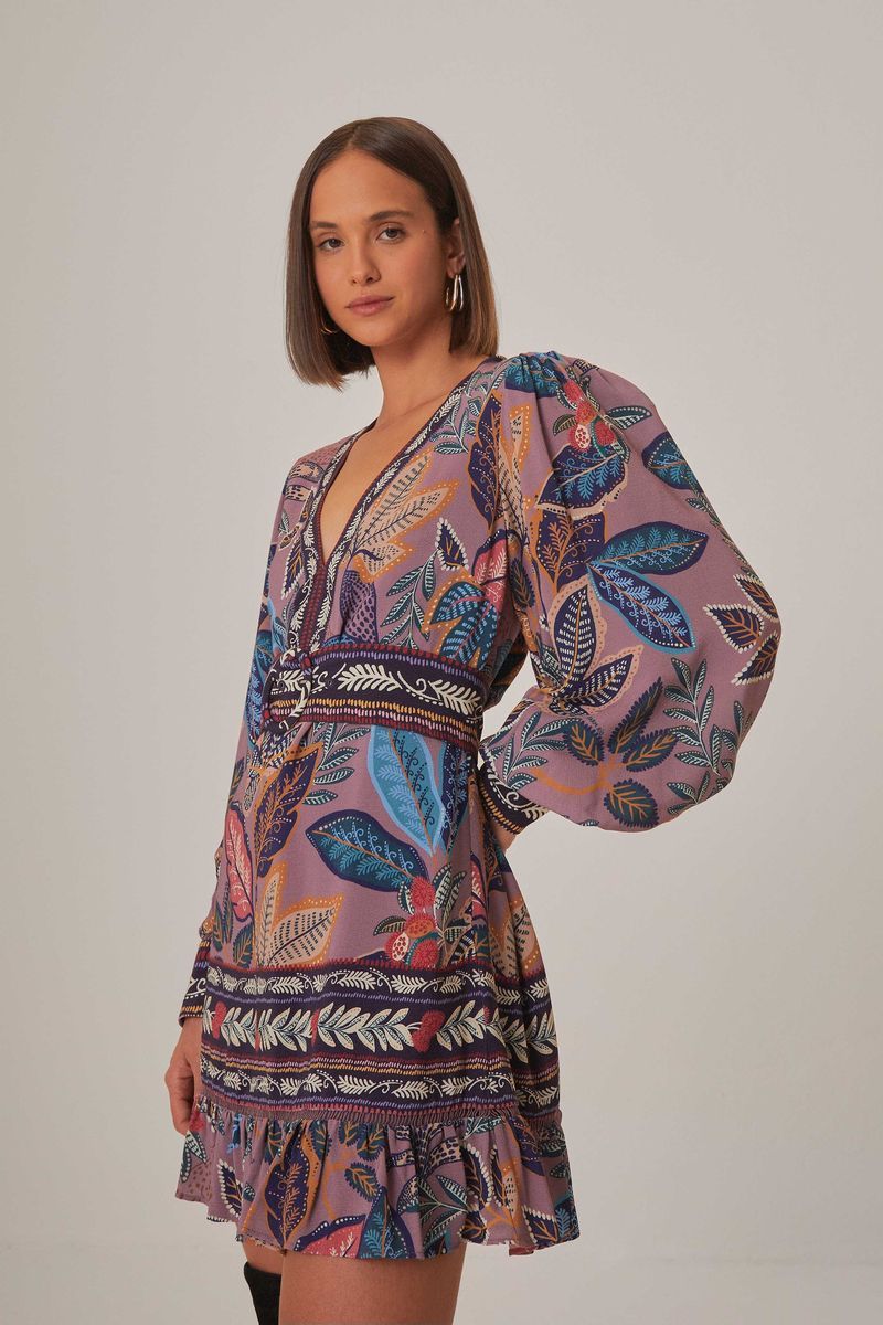 Minikleid mit Botanik-Print und Ballonärmeln