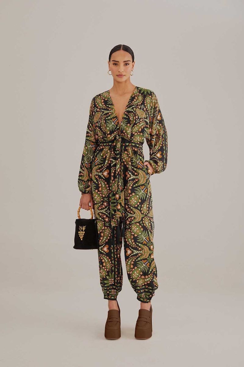 Jumpsuit mit V-Ausschnitt und Schalprint