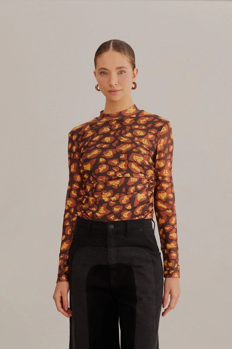 Raffiertes Mesh-Top mit Tiermuster