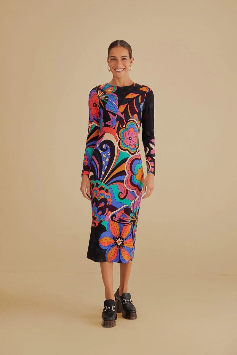 Psychedelisches Floral-Midi mit Langarm
